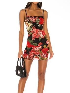 superdown Black Mini Slip Dress with Red Floral Print